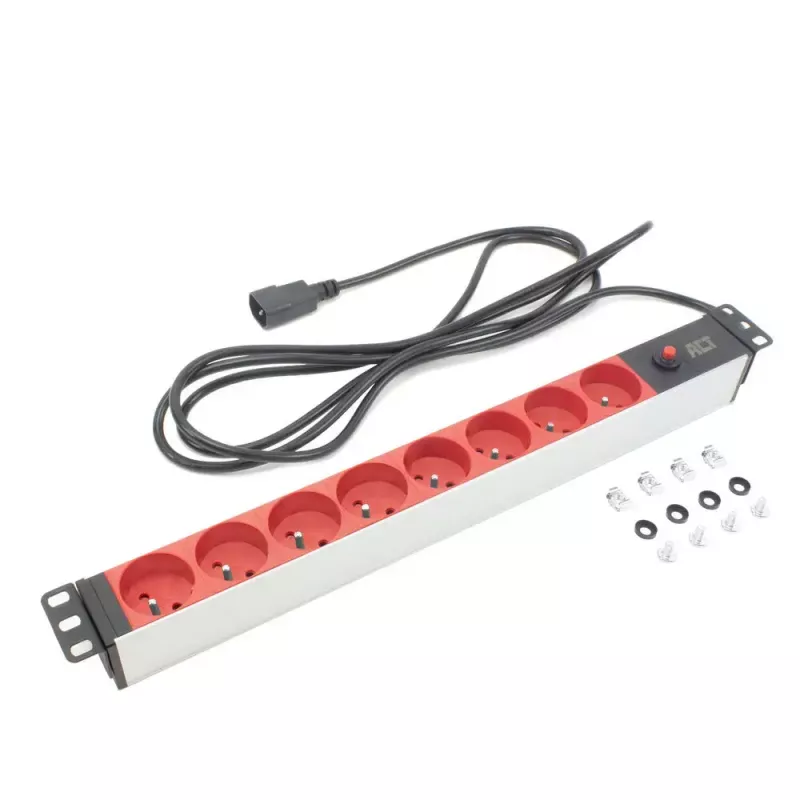 Prailginimo laidas ACT PD3155 — 3 m kabelis, 9 Type E kištukiniai lizdai, 250 V, 16 A, 4000 W, Vidaus naudojimui, Juoda/Raudona