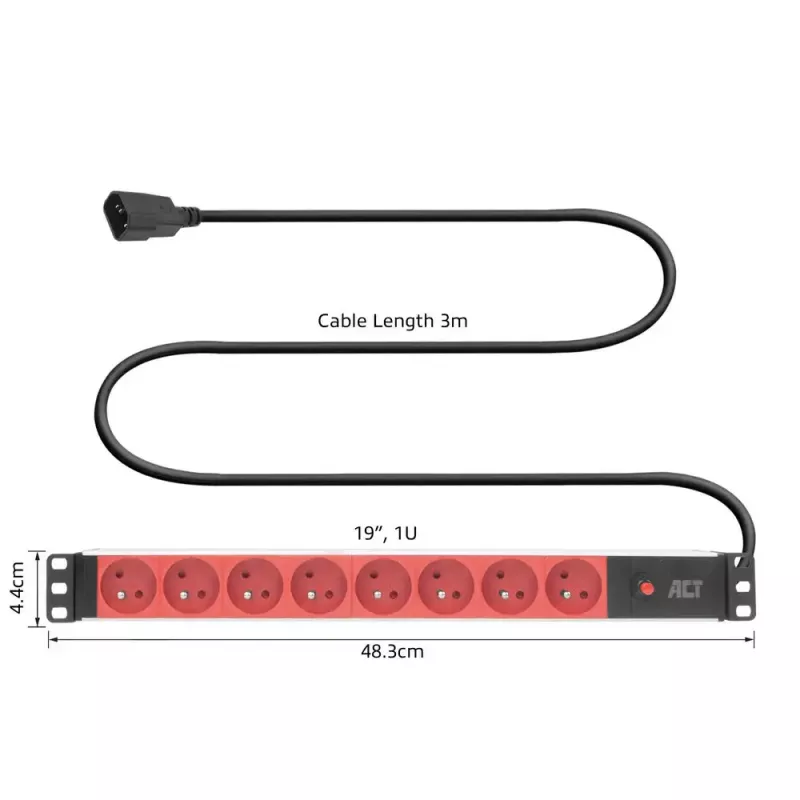 Prailginimo laidas ACT PD3155 — 3 m kabelis, 9 Type E kištukiniai lizdai, 250 V, 16 A, 4000 W, Vidaus naudojimui, Juoda/Raudona