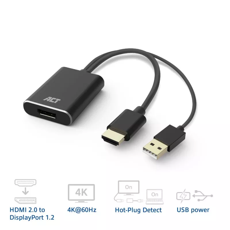 ACT AC7536 HDMI į DisplayPort adapteris 0,24 m, USB maitinimo laidas, juodas