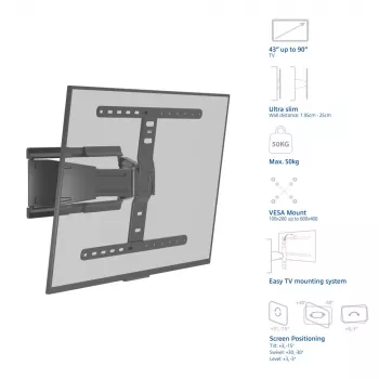 Pilnai reguliuojamas TV laikiklis ACT AC8357, 43–90 colių, VESA 100x200–600x400, pakreipimas -15°–3°, pasukimas ±30°, maks. 50 kg, itin plonas