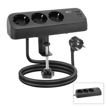 ACT AC2480 stalinis ilgintuvas su 3 F tipo kištukiniais lizdais, 30W Power Delivery, USB Type-C/A prievadais, 1,5 m laidas
