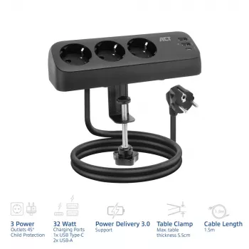 ACT AC2480 stalinis ilgintuvas su 3 F tipo kištukiniais lizdais, 30W Power Delivery, USB Type-C/A prievadais, 1,5 m laidas
