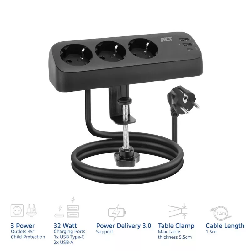 ACT AC2480 stalinis ilgintuvas su 3 F tipo kištukiniais lizdais, 30W Power Delivery, USB Type-C/A prievadais, 1,5 m laidas