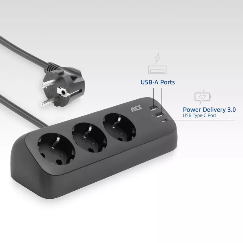 ACT AC2480 stalinis ilgintuvas su 3 F tipo kištukiniais lizdais, 30W Power Delivery, USB Type-C/A prievadais, 1,5 m laidas