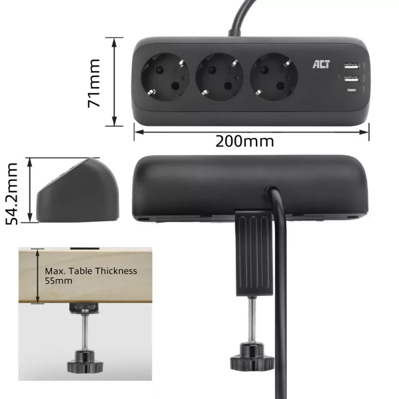 ACT AC2480 stalinis ilgintuvas su 3 F tipo kištukiniais lizdais, 30W Power Delivery, USB Type-C/A prievadais, 1,5 m laidas