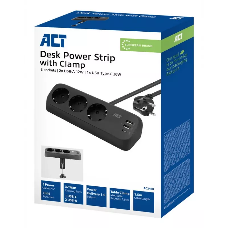 ACT AC2480 stalinis ilgintuvas su 3 F tipo kištukiniais lizdais, 30W Power Delivery, USB Type-C/A prievadais, 1,5 m laidas