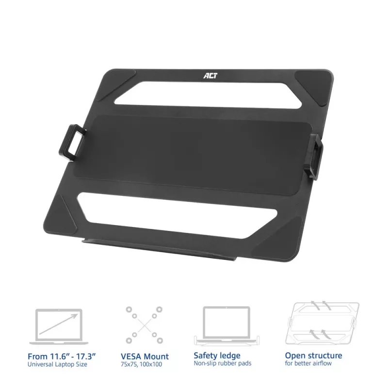 ACT Universal laptopo lentyna monitorių rankoms, juoda, plienas, 29.5 cm (11.6 col.), 43.9 cm (17.3 col.), 9 kg, 75 x 75 mm