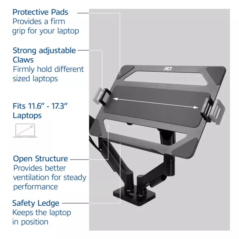 ACT Universal laptopo lentyna monitorių rankoms, juoda, plienas, 29.5 cm (11.6 col.), 43.9 cm (17.3 col.), 9 kg, 75 x 75 mm
