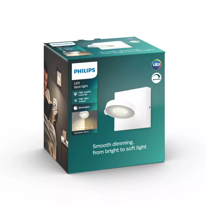 Paviršinis LED prožektorius Signify Philips Dimmable Clockwork 6.5W, 500 lm, 2700 K, IP20, Baltas