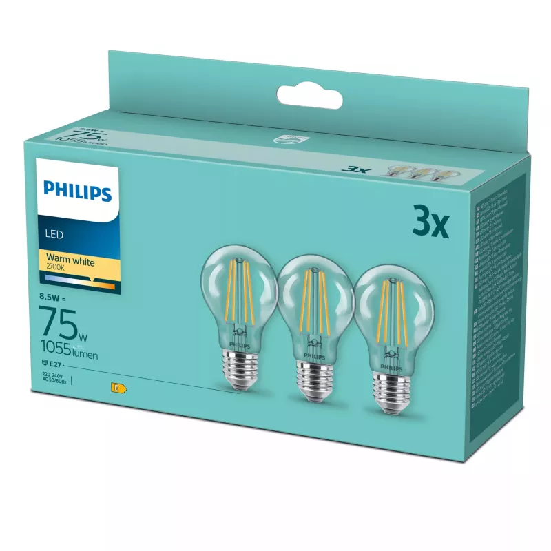 Philips LED filamentinė lempa E27, 3 vnt., 8.5 W (atitinka 75 W), 2700 K