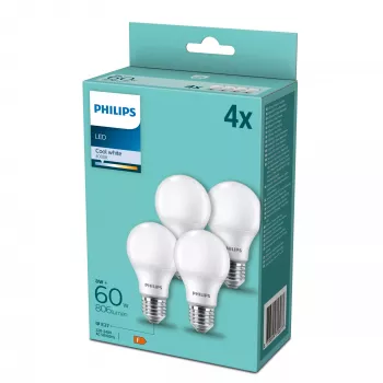LED lemputė Philips E27 60W 4000K, 4 vnt. pakuotė