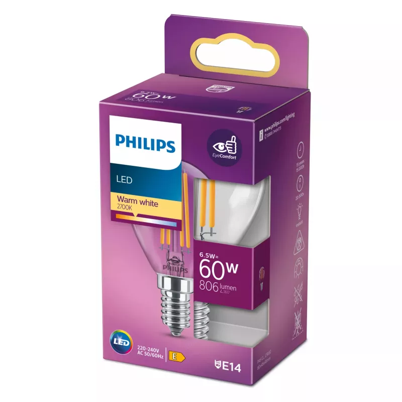 Philips LED kaitrinė žvakė skaidri 60W P45 E14 6.5W šilta balta 806lm