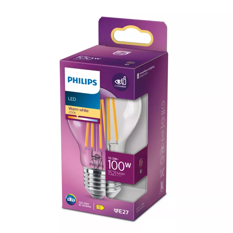 Philips LED kaitrinė lemputė skaidri 100W A60 E27 10.5W šilta balta 1521lm