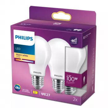 Philips kaitrinė LED lemputė matinė 100W A60 E27 x2, 10,5 W, 100 W, E27, 1521 lm, 15000 h, šilta balta