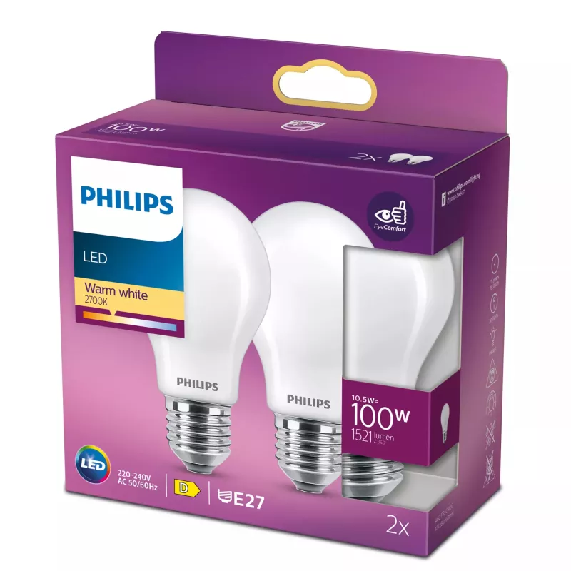 Philips kaitrinė LED lemputė matinė 100W A60 E27 x2, 10,5 W, 100 W, E27, 1521 lm, 15000 h, šilta balta