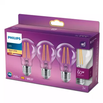 Philips Filament Lemputė Skaidri 60W A60 E27 x3, 7 W, 60 W, E27, 806 lm, 15000 h, Šilta balta