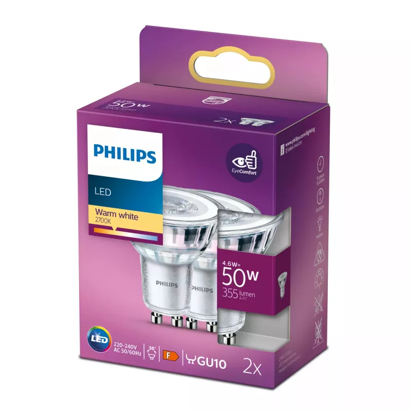 Philips Spot 50W PAR16 GU10 x2, 4.6 W, 50 W, GU10, 355 lm, 15000 h, Šilta balta
