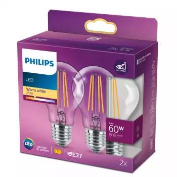 LED kaitrinė lemputė Philips A60 7W (atitinka 60W) E27 skaidri 2700K 2 vnt.