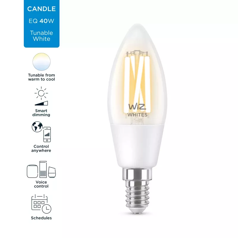 Išmanioji lemputė WiZ Filament Candle skaidri 4,9W C35 E14 Wi-Fi balta