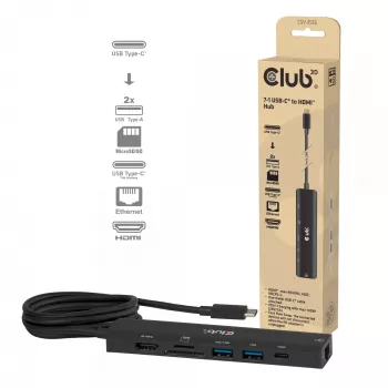 USB-C į HDMI stotelė CLUB3D 7-1 — laidinė, Gigabit Ethernet, juoda, 136×34×94,5 mm