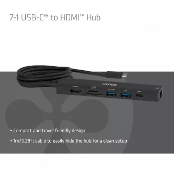 USB-C į HDMI stotelė CLUB3D 7-1 — laidinė, Gigabit Ethernet, juoda, 136×34×94,5 mm