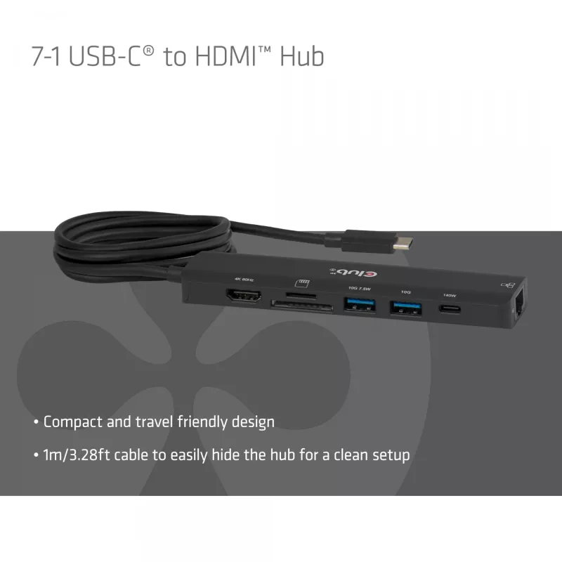 USB-C į HDMI stotelė CLUB3D 7-1 — laidinė, Gigabit Ethernet, juoda, 136×34×94,5 mm