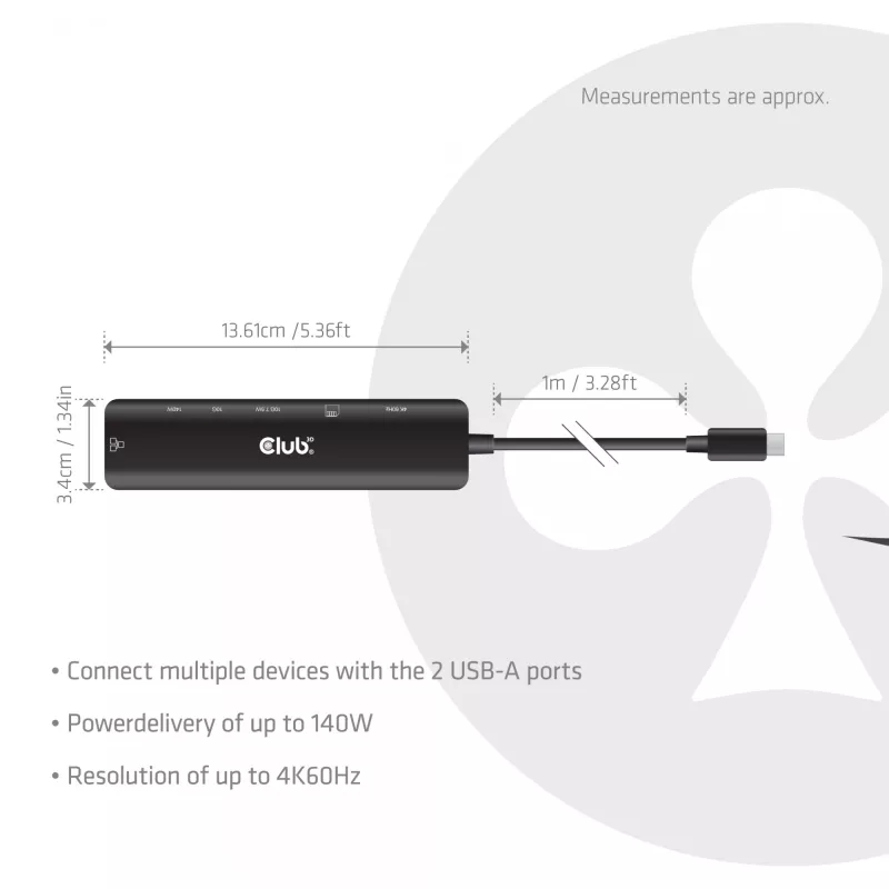 USB-C į HDMI stotelė CLUB3D 7-1 — laidinė, Gigabit Ethernet, juoda, 136×34×94,5 mm