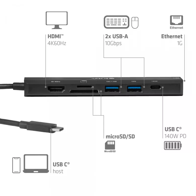 USB-C į HDMI stotelė CLUB3D 7-1 — laidinė, Gigabit Ethernet, juoda, 136×34×94,5 mm