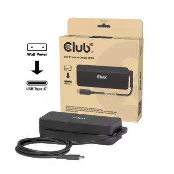 CLUB 3D USB-C 140W nešiojamojo kompiuterio įkroviklis, GaN, 1 m laidas, juodas