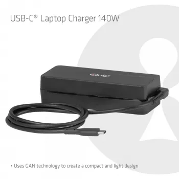 CLUB 3D USB-C 140W nešiojamojo kompiuterio įkroviklis, GaN, 1 m laidas, juodas