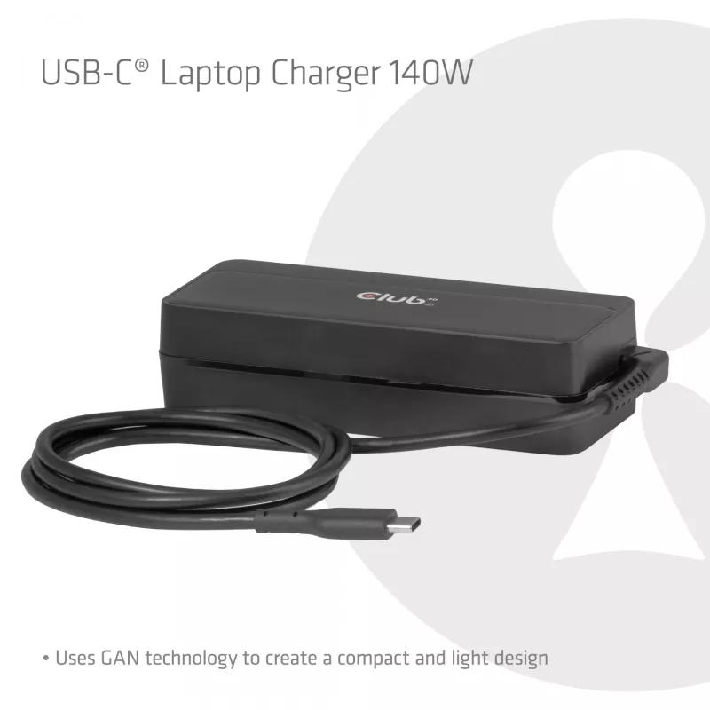 CLUB 3D USB-C 140W nešiojamojo kompiuterio įkroviklis, GaN, 1 m laidas, juodas