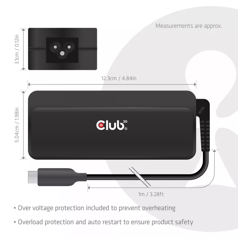 CLUB 3D USB-C 140W nešiojamojo kompiuterio įkroviklis, GaN, 1 m laidas, juodas