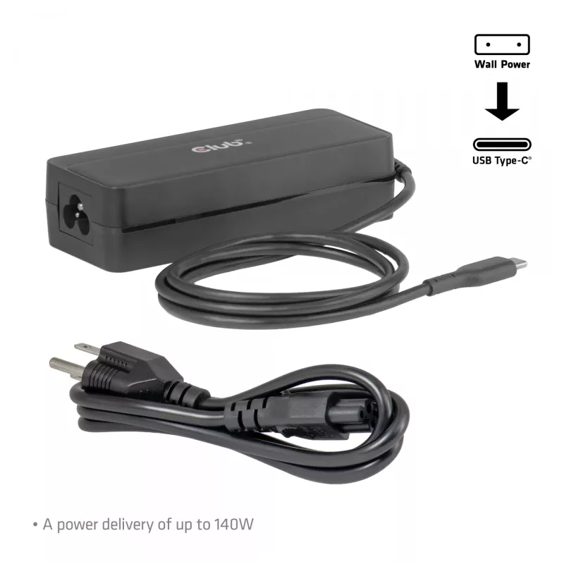 CLUB 3D USB-C 140W nešiojamojo kompiuterio įkroviklis, GaN, 1 m laidas, juodas