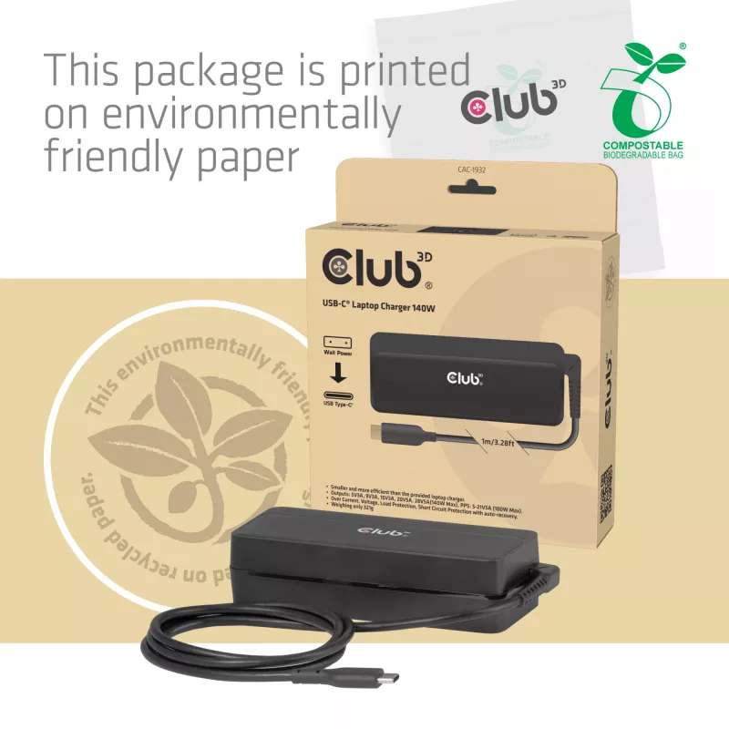 CLUB 3D USB-C 140W nešiojamojo kompiuterio įkroviklis, GaN, 1 m laidas, juodas