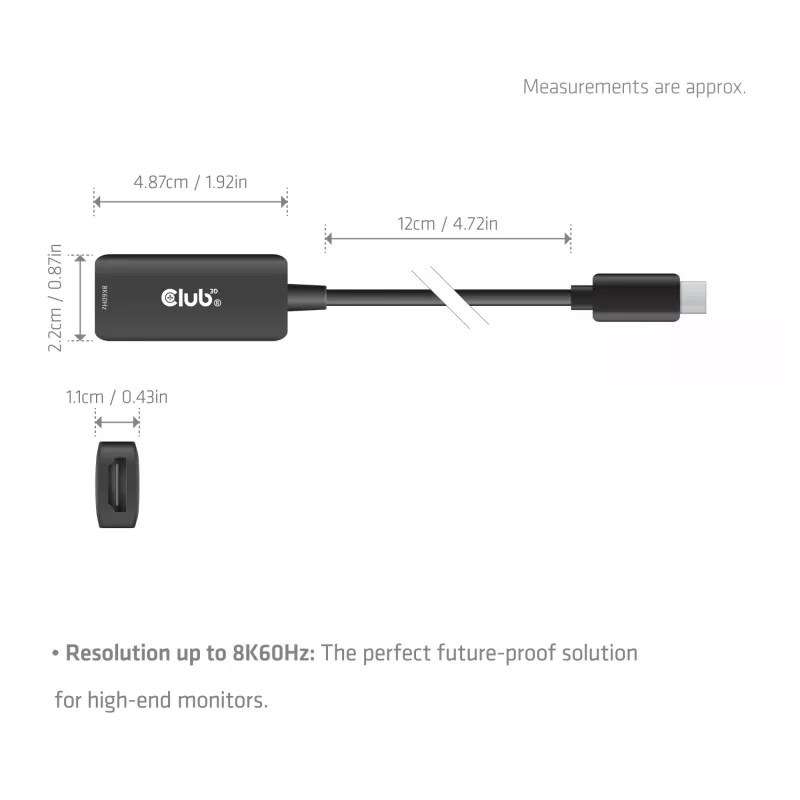 USB-C į HDMI 2.1 adapteris Club 3D CAC-2505 — 8K@60Hz, USB Type-C į HDMI + USB, 0,12 m