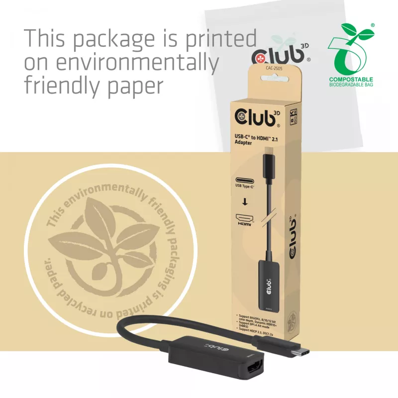 USB-C į HDMI 2.1 adapteris Club 3D CAC-2505 — 8K@60Hz, USB Type-C į HDMI + USB, 0,12 m