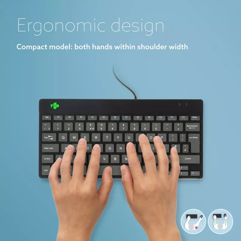 Ergonominė klaviatūra R-Go Tools Compact Break, kompaktiška su pertraukų programėle, QWERTY (JK), laidas, juoda