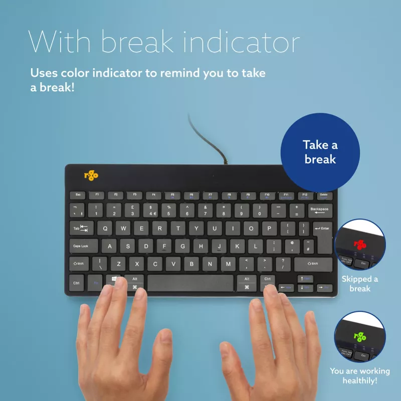 Ergonominė klaviatūra R-Go Tools Compact Break, kompaktiška su pertraukų programėle, QWERTY (JK), laidas, juoda