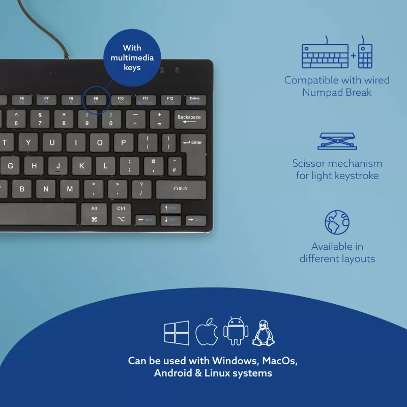 Ergonominė klaviatūra R-Go Tools Compact Break, kompaktiška su pertraukų programėle, QWERTY (JK), laidas, juoda