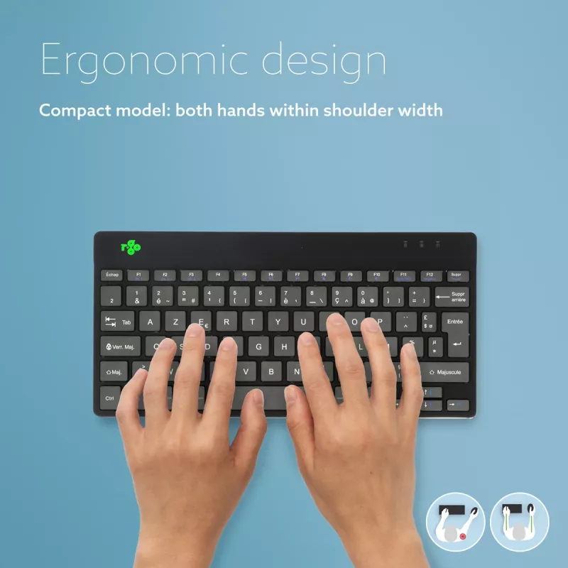 Ergonominė klaviatūra R-Go Compact Break, kompaktiška, su pertraukų programine įranga, AZERTY (FR), Bluetooth, juoda