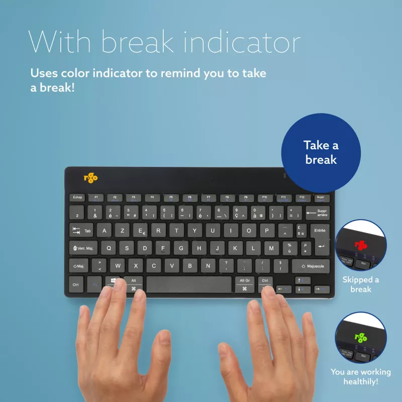 Ergonominė klaviatūra R-Go Compact Break, kompaktiška, su pertraukų programine įranga, AZERTY (FR), Bluetooth, juoda