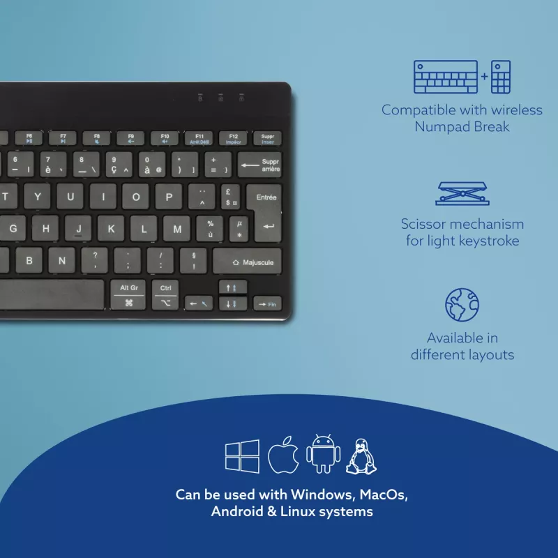 Ergonominė klaviatūra R-Go Compact Break, kompaktiška, su pertraukų programine įranga, AZERTY (FR), Bluetooth, juoda