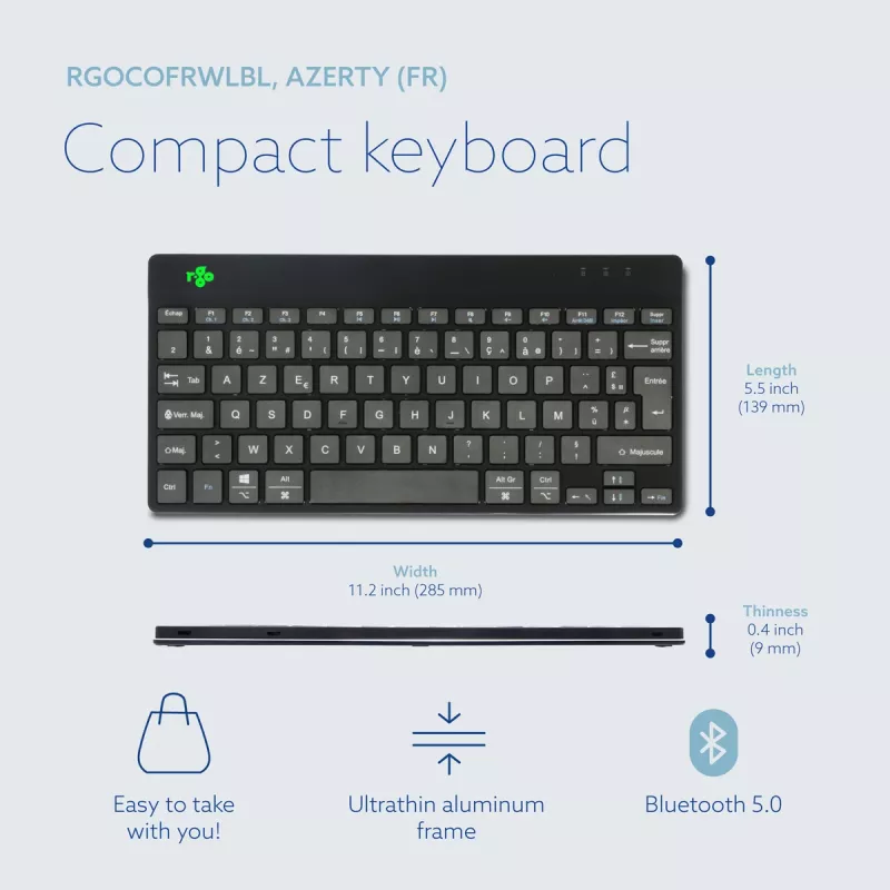 Ergonominė klaviatūra R-Go Compact Break, kompaktiška, su pertraukų programine įranga, AZERTY (FR), Bluetooth, juoda