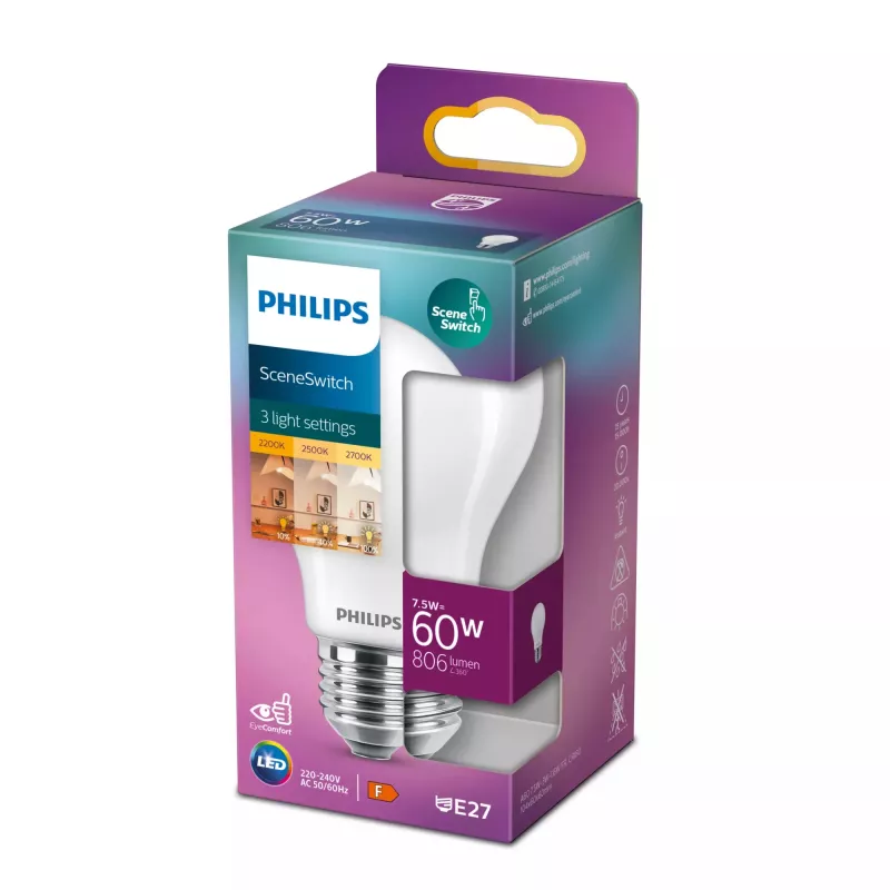 Philips LED lemputė A60 E27 7,5 W 806 lm šilta balta (2200 K) – 60 W atitikmuo
