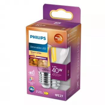 LED kaitrinė žvakės lemputė Philips Filament Candle Clear 3,4W (470 lm) P45 E27, šilta šviesa, CRI 90
