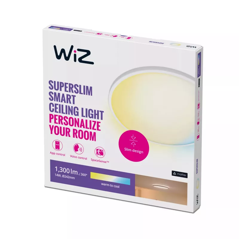 Protingi lubiniai šviestuvai WiZ Superslim Ceiling 14 W Wi-Fi/Bluetooth Baltas