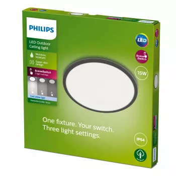 Lubinis šviestuvas Philips Superslim 15W LED, 4000K, IP54, 250×250 mm, juodas/baltas