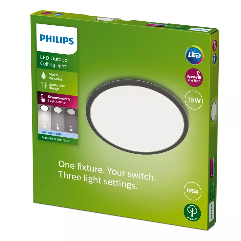 Lubinis šviestuvas Philips Superslim 15W LED, 4000K, IP54, 250×250 mm, juodas/baltas