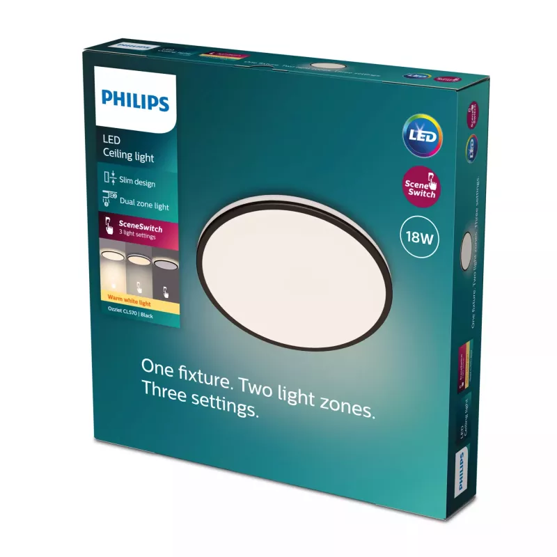 Philips Functional Ozziet LED lubinis šviestuvas 18 W, juodas, apvalus, su integruotu LED