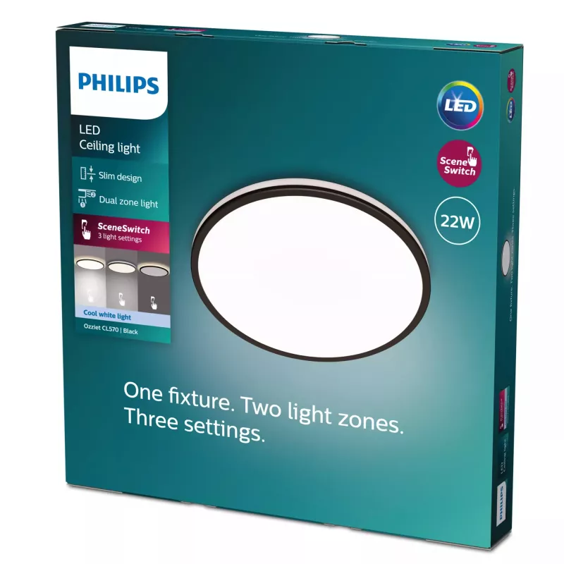 Lubinis šviestuvas Signify Philips Functional Ozziet, LED 22 W, apvalus 400 mm, juodas, nekeičiama lemputė